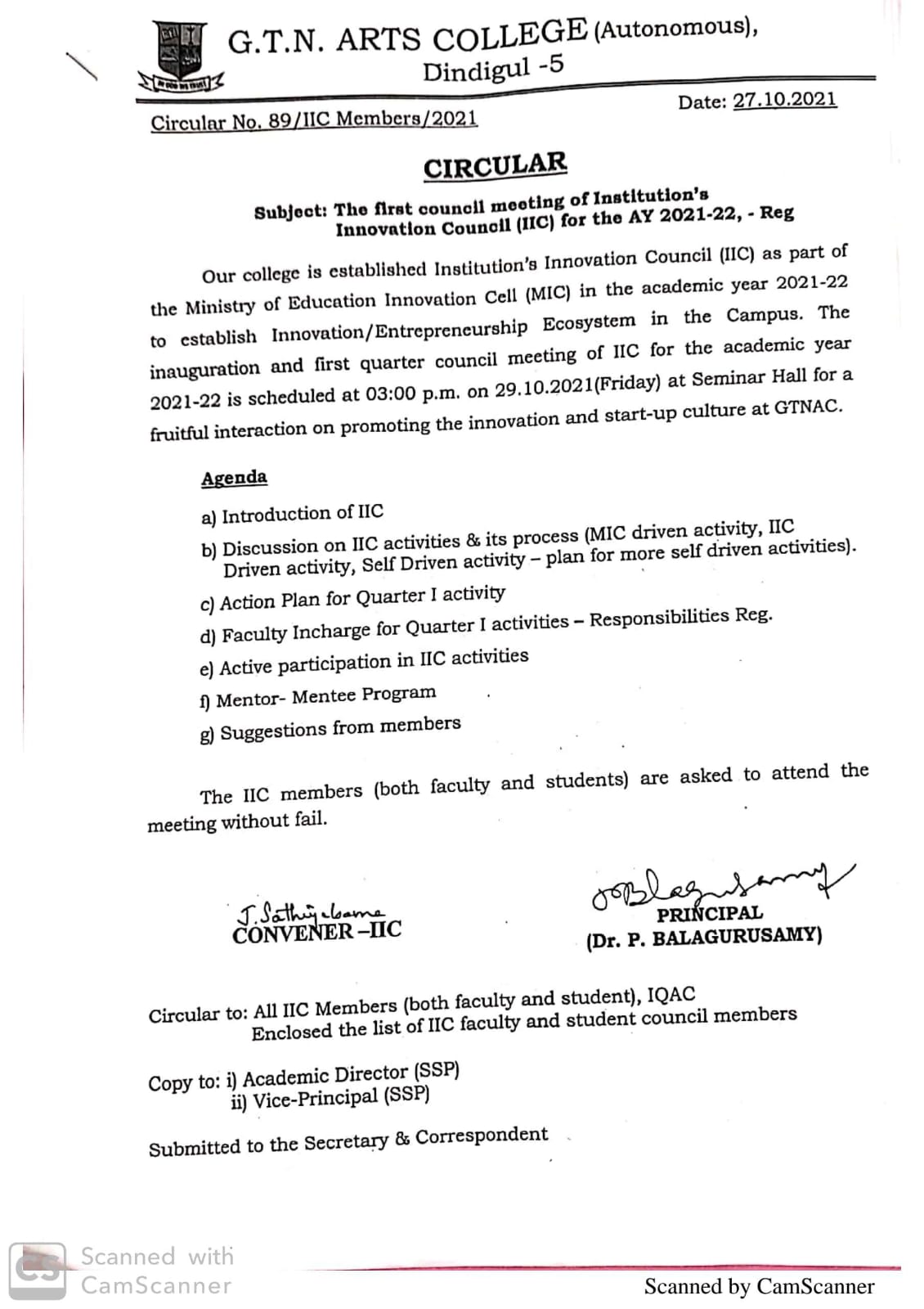 Action Plan of Quarter II | G.T.N. Arts and Science College